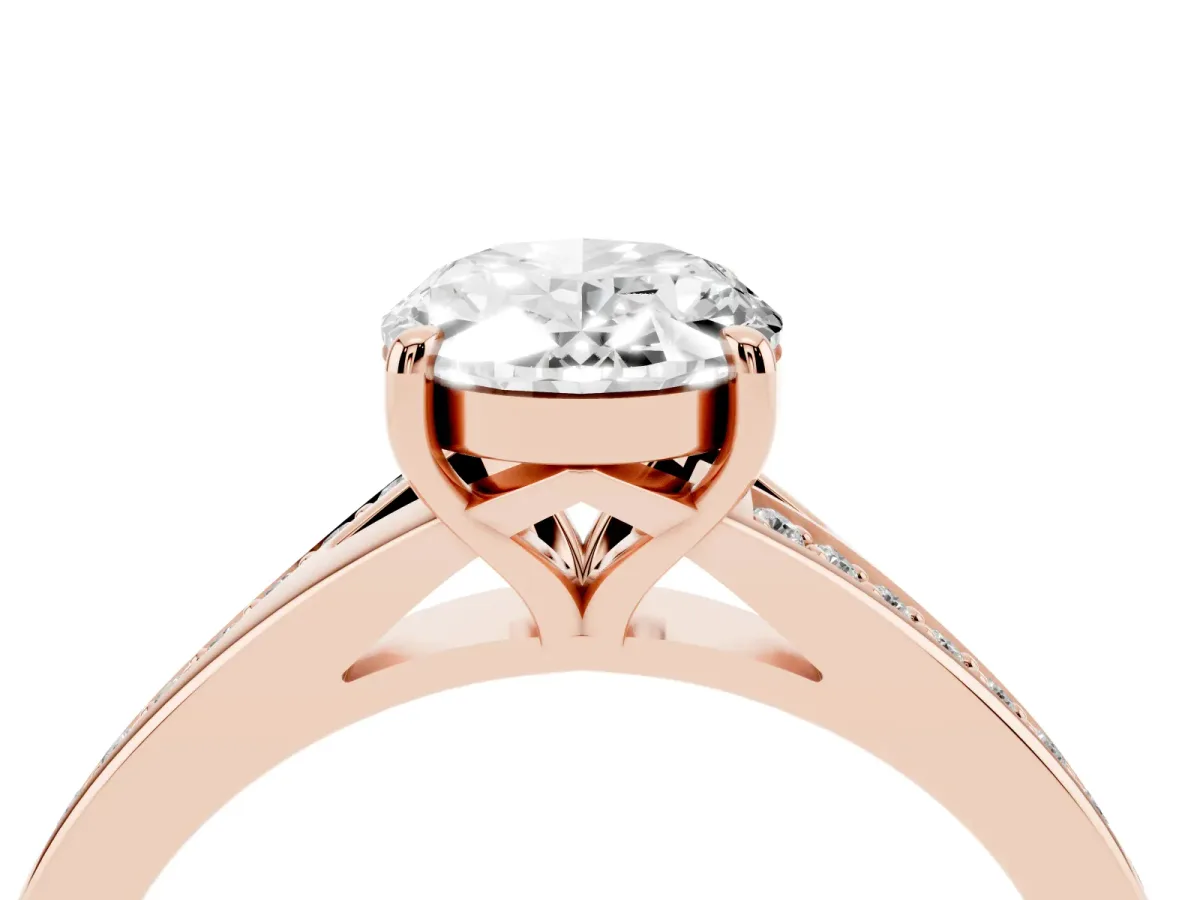 Oval Cut Diamond Solitaire Ring with Pavé Band and Prong Setting Rose gold