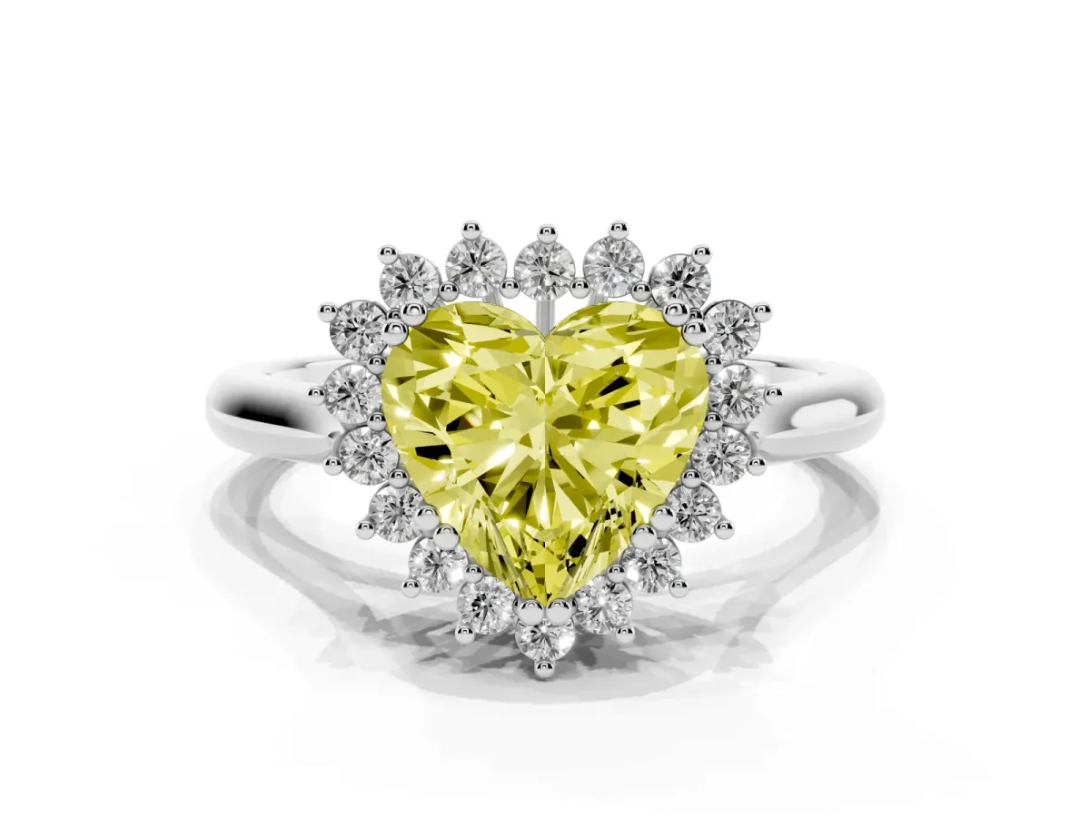 Fancy Yellow Heart Cut Cut Diamond Halo Ring with Solitaire Band and Prong Setting White gold