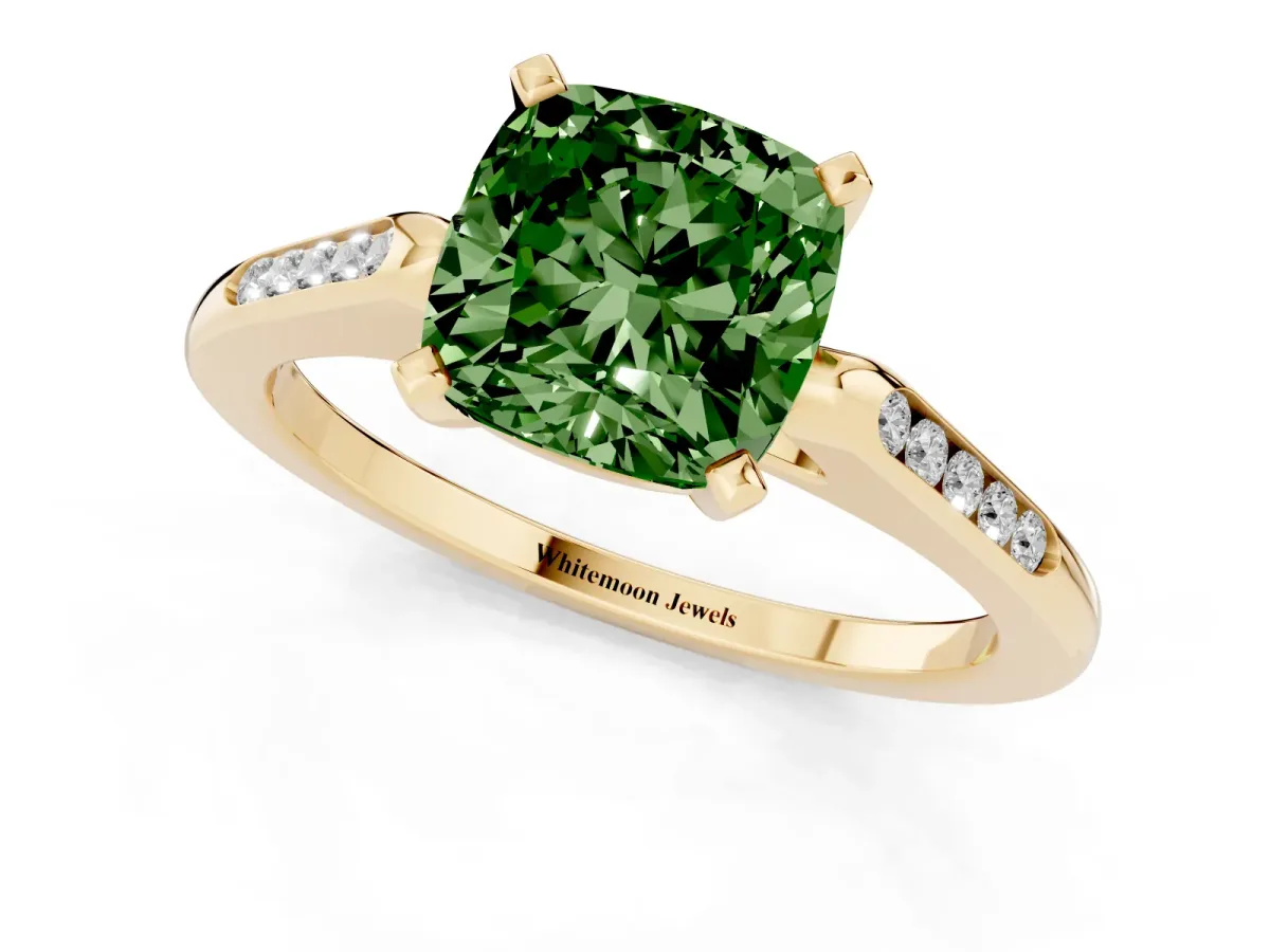 Fancy Green Cushion Cut Diamond Solitaire Ring with Channel Set Round Band and Prong Setting Yellow gold