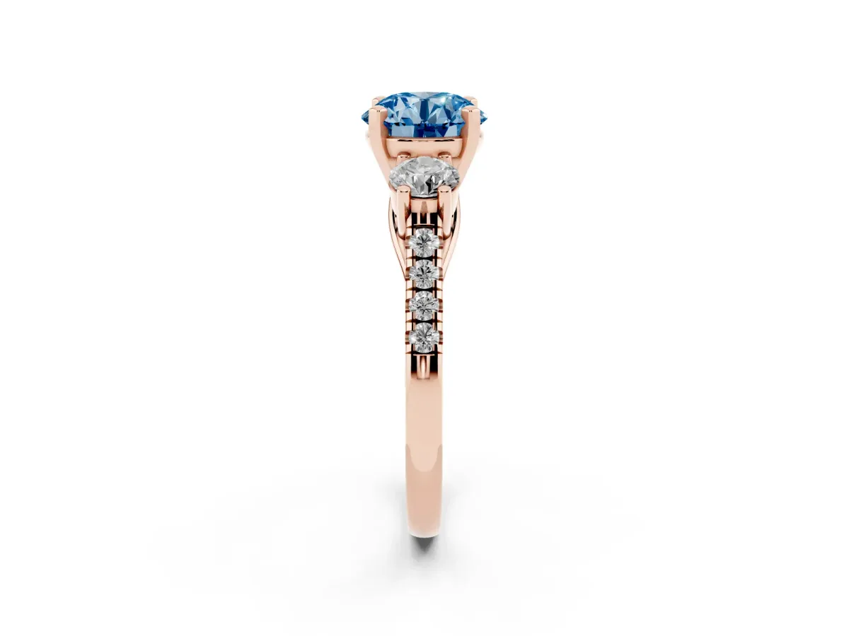 Fancy Blue Three-Stone Round Cut Diamond Pavé Band with Four-Prong Setting Rose gold