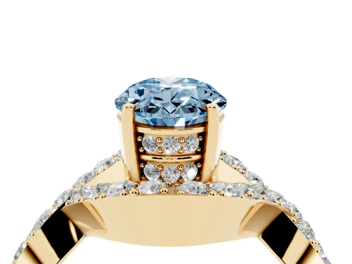 Fancy Blue Oval Cut Solitaire Twist Band Pavé Diamond Engagement Ring Yellow gold