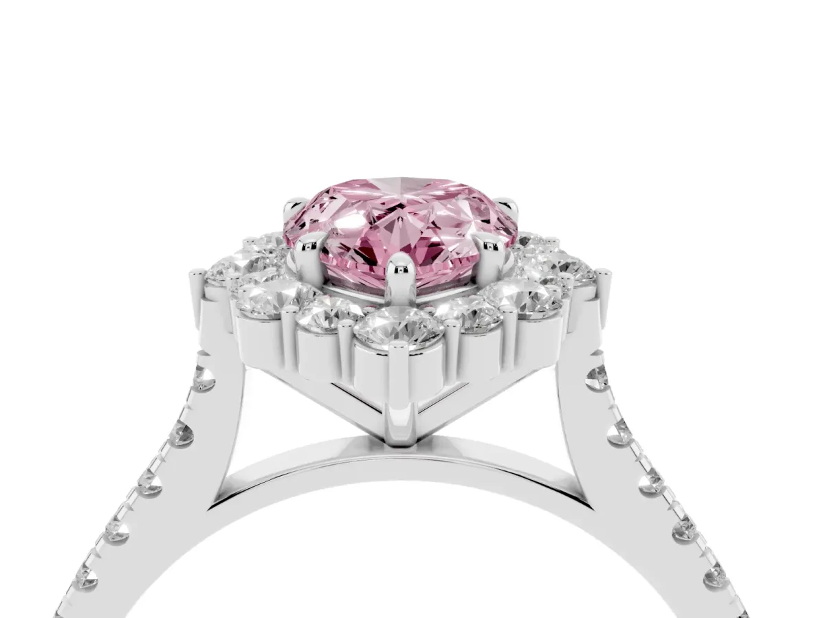 Fancy Pink Pear Cut Halo Diamond Ring with Pavé Band and Prong Setting Silver