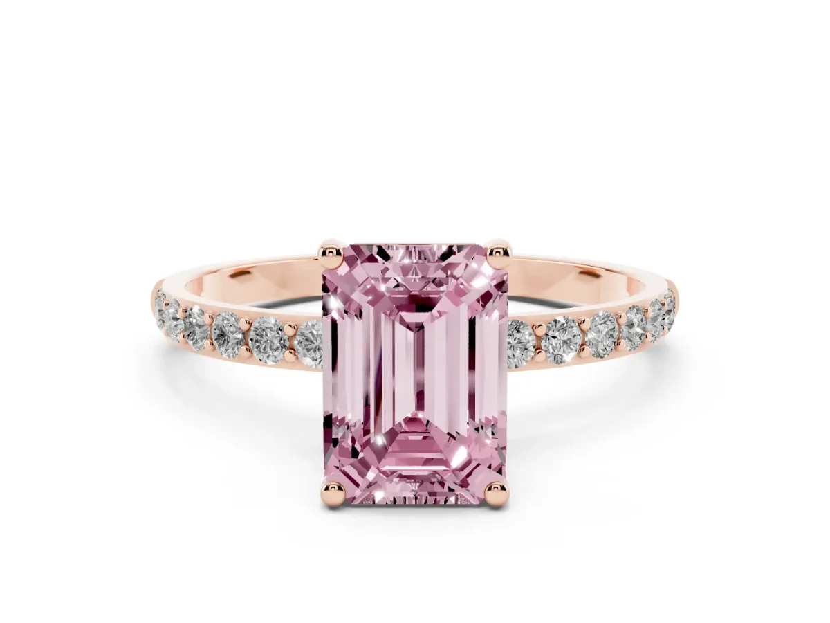 Fancy Pink Emerald Cut Diamond Solitaire Ring with Round Pavé Shoulders and Prong Setting Rose gold