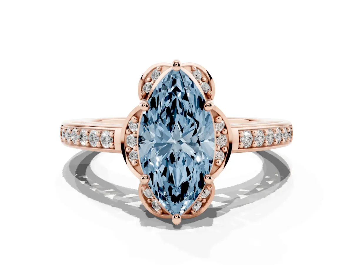 Fancy Blue Marquise Cut Cut Halo Diamond Ring with Channel Set Band and Four-Prong Setting Rose gold