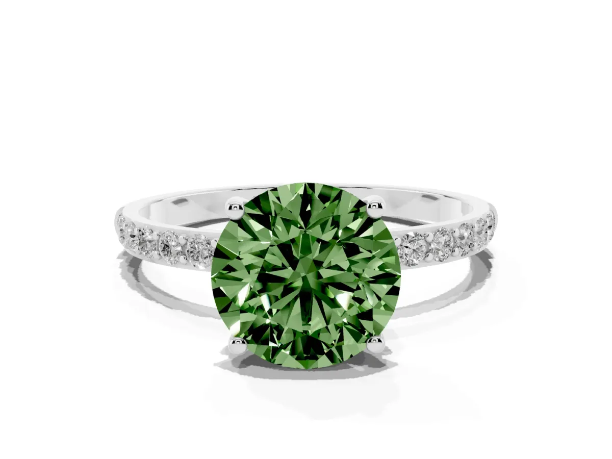 Fancy Green Round Cut Diamond Solitaire Ring with Round Pavé Shoulders and Prong Setting Silver