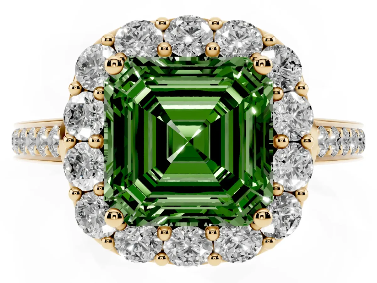Fancy Green Asscher Cut Diamond Floral Halo Ring with Pavé Band and Prong Setting Yellow gold