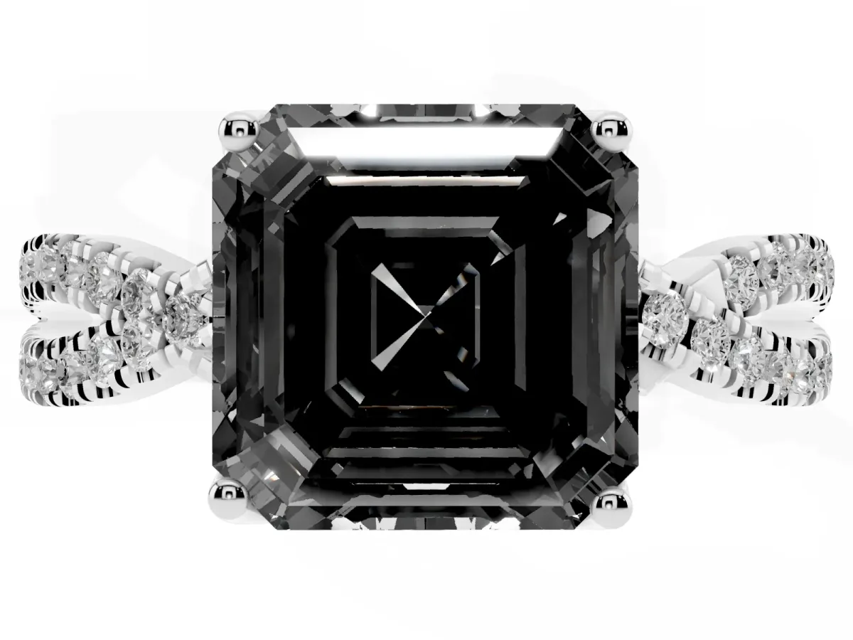 Fancy Black Asscher Cut Solitaire Twist Pave Diamond Engagement Ring with Prong Setting Silver