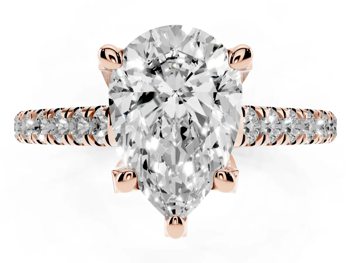 Pear Cut Brilliant Diamond Solitaire with Pavé Band and Four-Prong Setting Rose gold