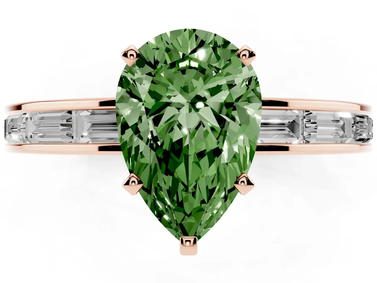 Fancy Green Pear Cut Solitaire Diamond Ring with Channel-Set Baguette Band and Four-Prong Setting Rose gold