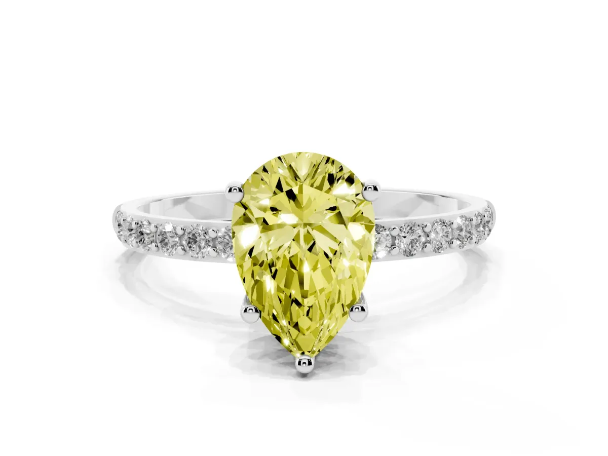 Fancy Yellow Pear Cut Diamond Solitaire Ring with Round Pavé Shoulders and Prong Setting Platinum