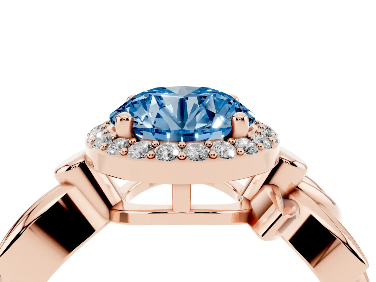 Fancy Blue Round Cut Halo Diamond Floral Band with Four-Prong Setting Rose gold