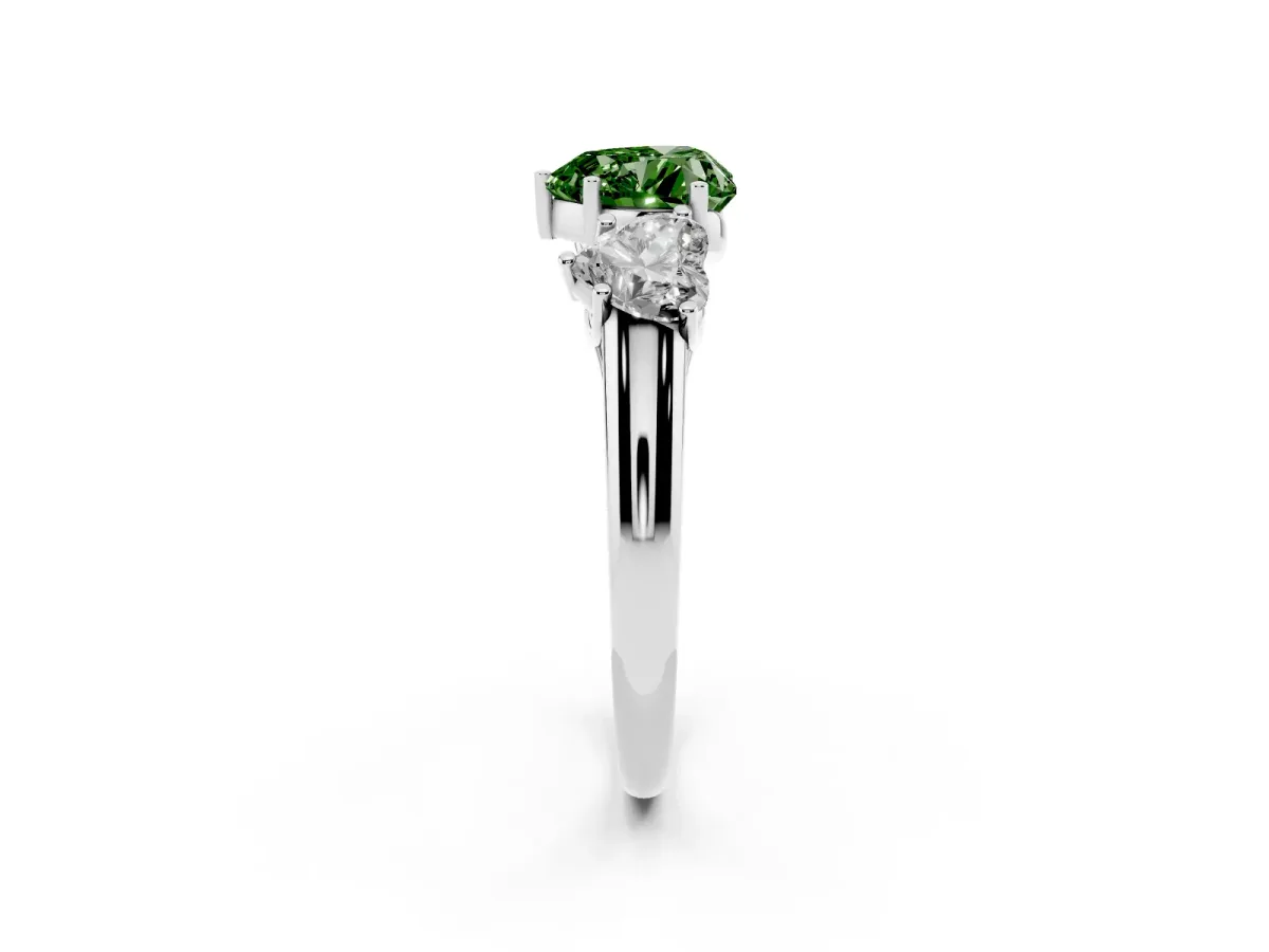 Fancy Green Three-Stone Heart Cut Diamond Engagement Ring with Prong Setting Platinum