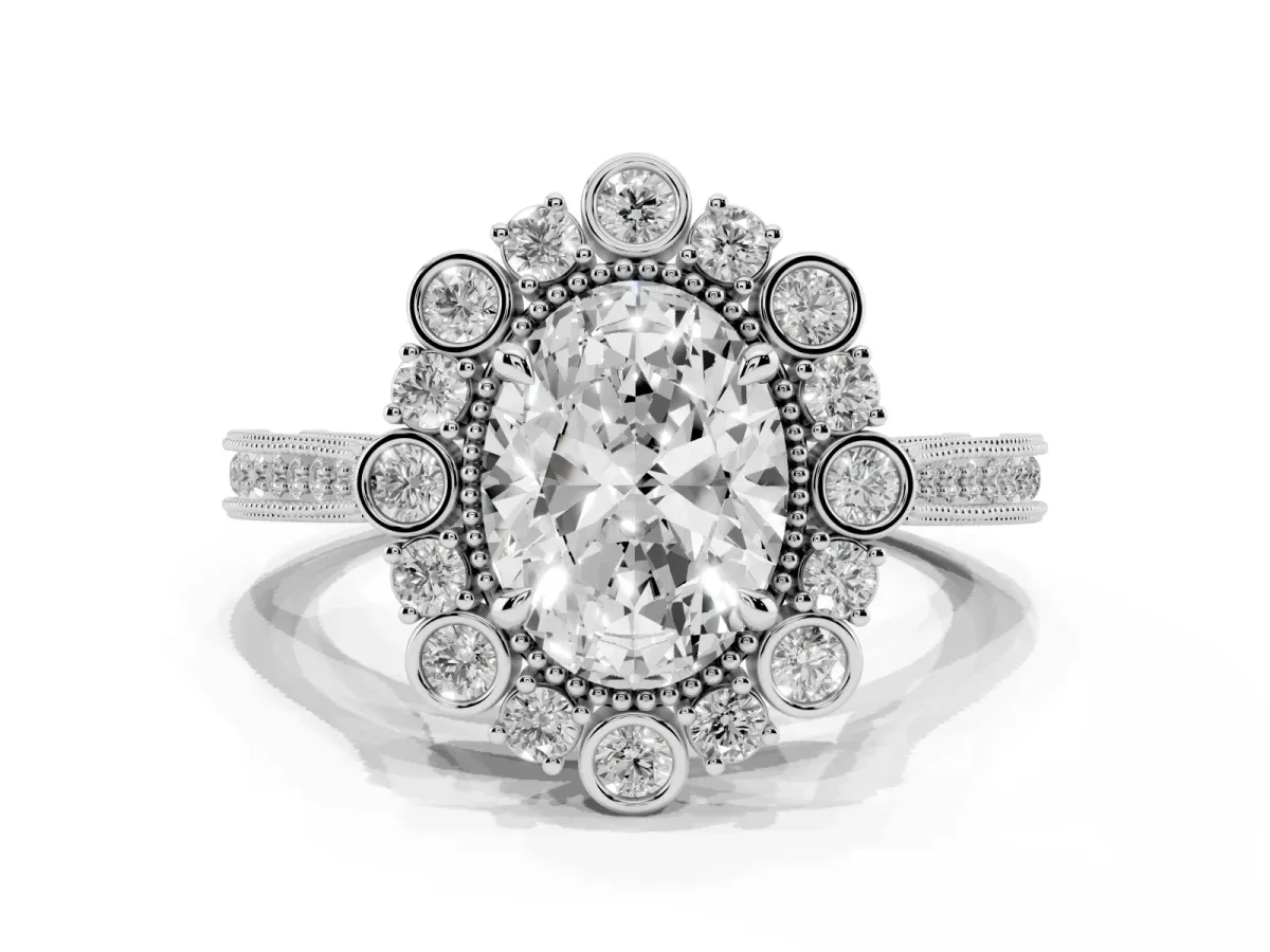 Oval Cut Halo Milgrain Pave Diamond Ring with Four-Prong Setting Silver