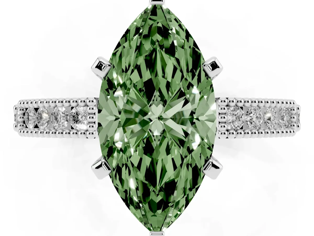 Fancy Green Marquise Cut Solitaire with Pavé Band and Four-Prong Setting Silver