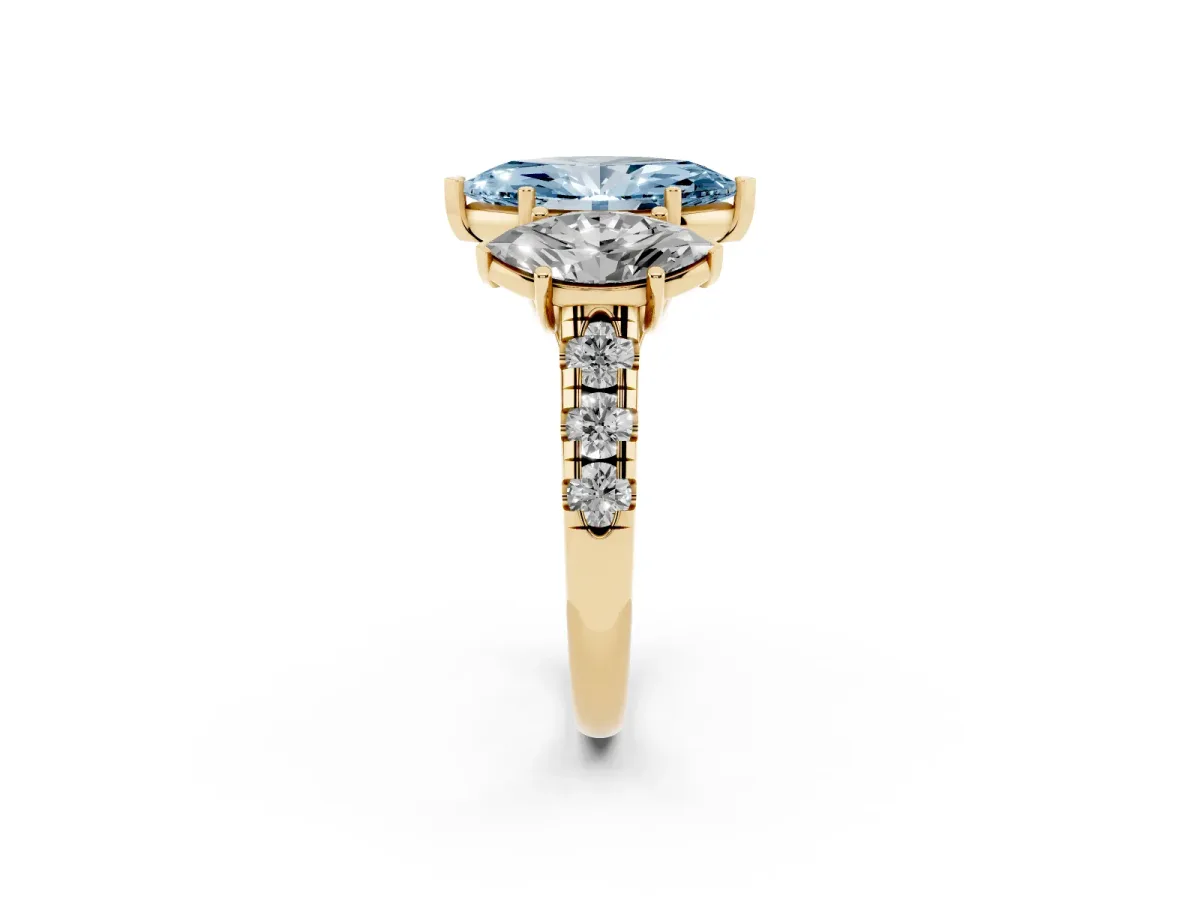 Fancy Blue Three-Stone Marquise Cut Diamond Pavé Band with Prong Setting Yellow gold