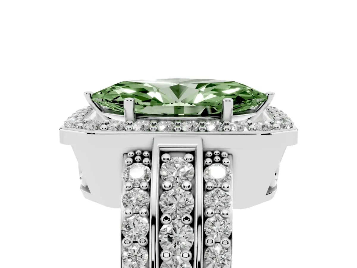 Fancy Green Marquise Cut Halo Diamond Ring with Round Split Shank and Prong Setting Silver