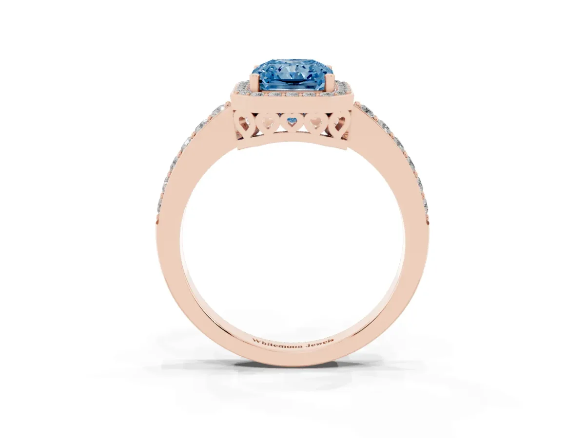 Fancy Blue Radiant Cut Halo Diamond Pavé Band Ring with Prong Setting Rose gold