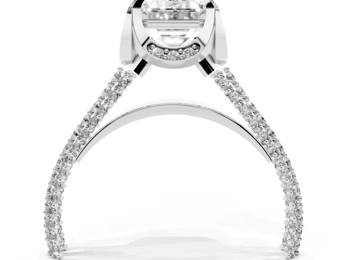 Emerald Cut Solitaire Pave Split Shank Ring with Four-Prong Setting Silver