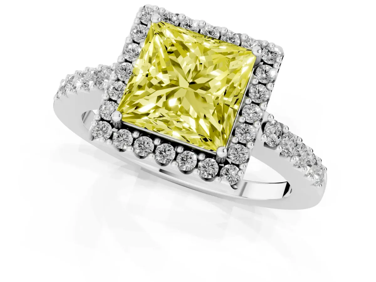 Fancy Yellow Princess Cut Halo Diamond Pavé Solitaire Ring Platinum