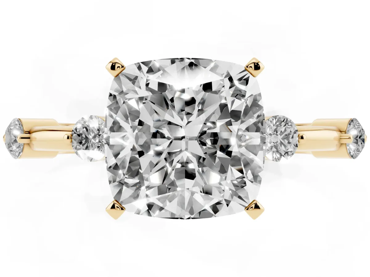 Cushion Cut Solitaire Diamond Ring with Bezel Set Side Stones and Prong Setting Yellow gold
