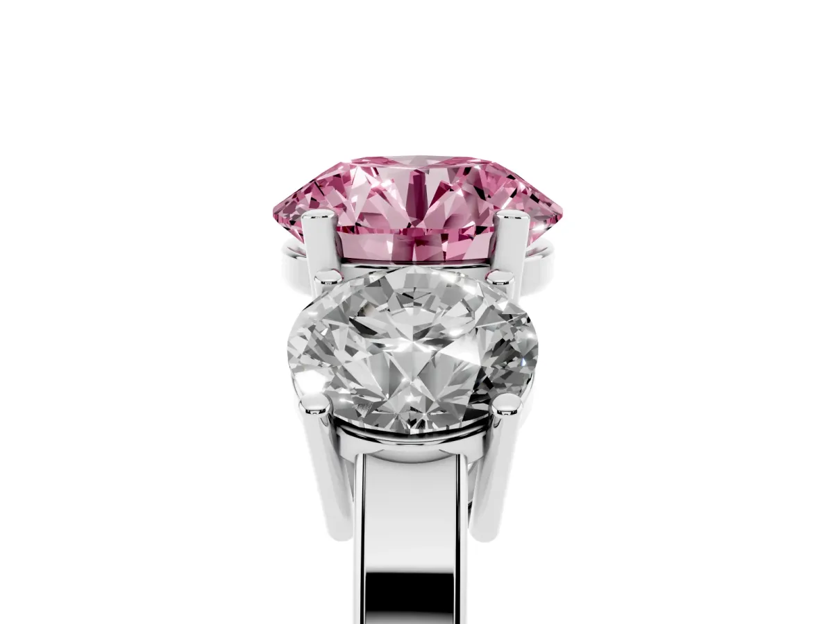 Fancy Pink Three-Stone Round Cut Cut Diamond Engagement Ring with Flat Band and Four-Prong Setting Silver