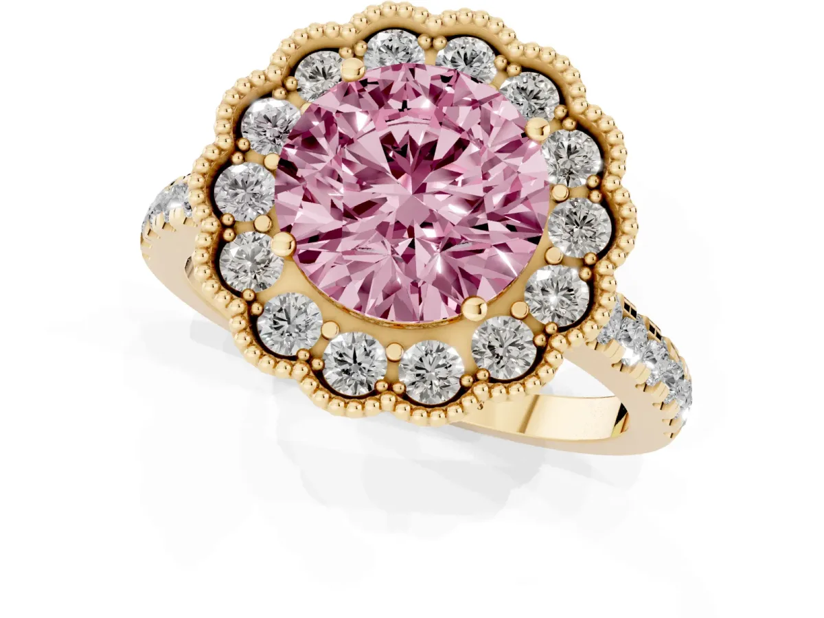 Fancy Pink Round Cut Cut Diamond Milgrain Floral Halo Engagement Ring with Pavé Band Yellow gold