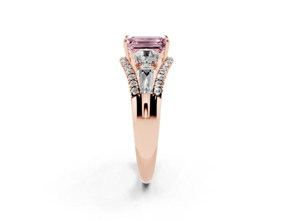 Fancy Pink Three-Stone Emerald Cut Diamond Engagement Ring with Pave Band and Prong Setting Rose gold