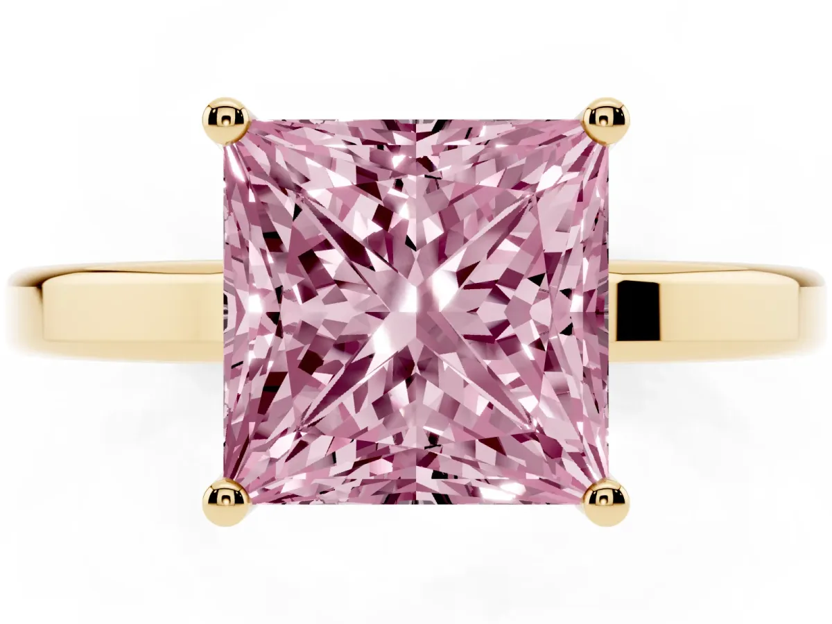 Fancy Pink Princess Cut Cut Solitaire Engagement Ring with Four-Prong Setting on a Classic Band Yellow gold