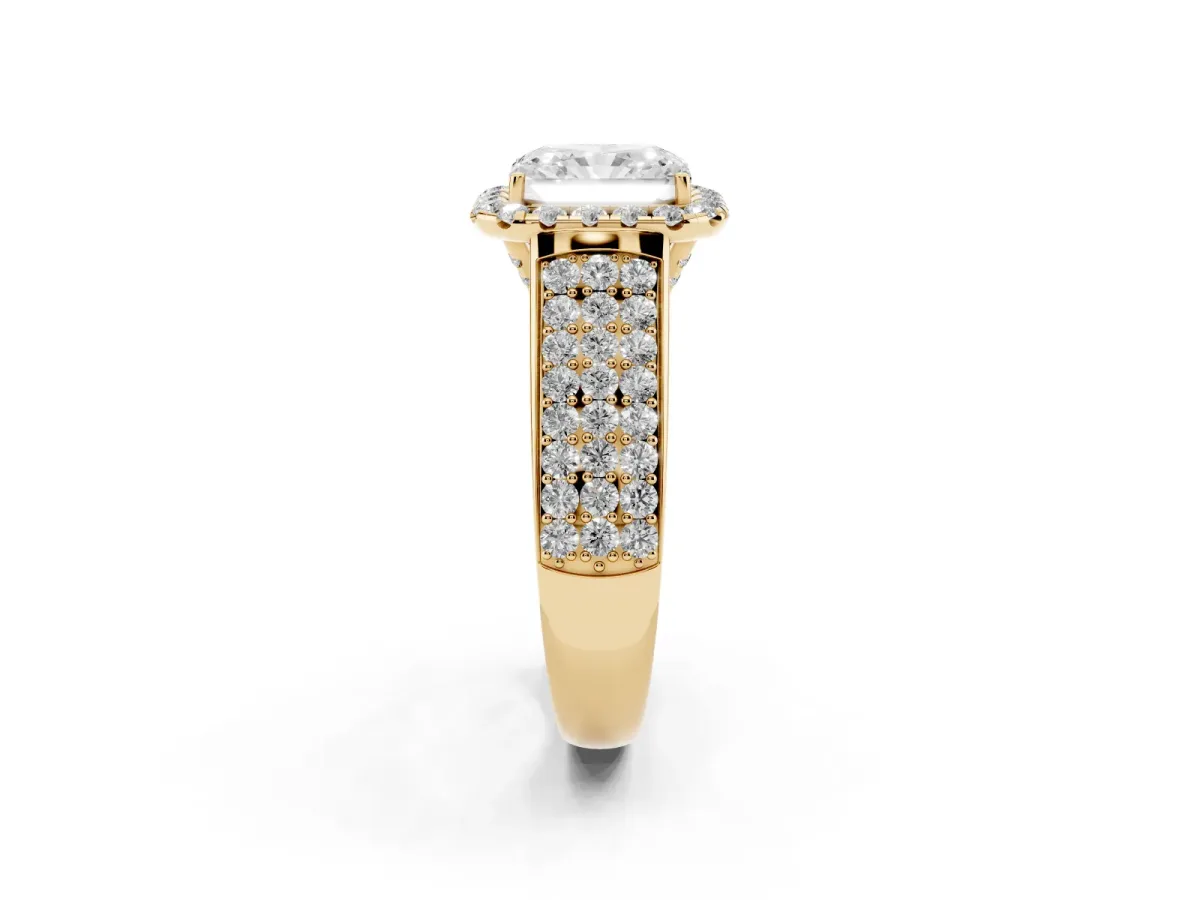 Radiant Cut Halo Round Diamond Pave Band with Prong Setting Yellow gold