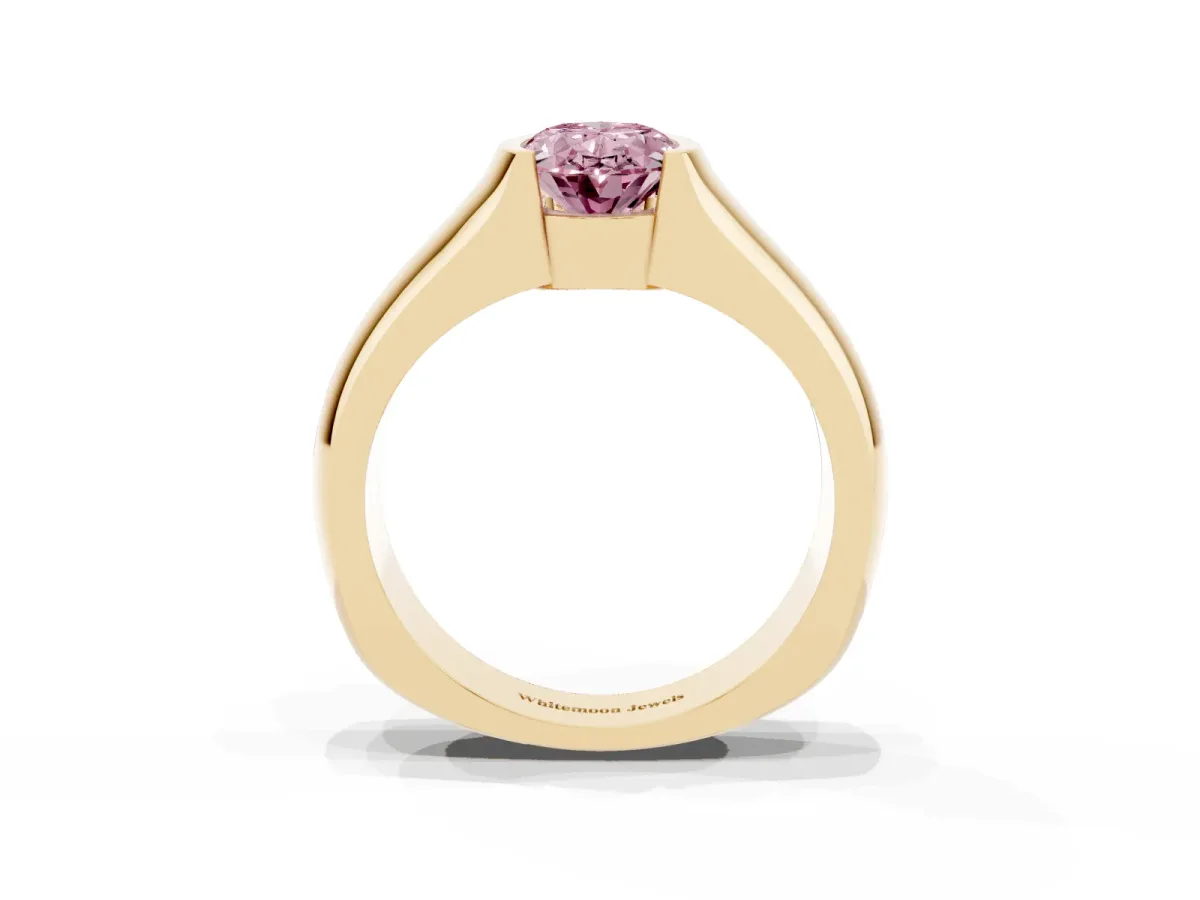 Fancy Pink Oval Cut Solitaire Bezel Set Diamond Ring with Wide Band Yellow gold