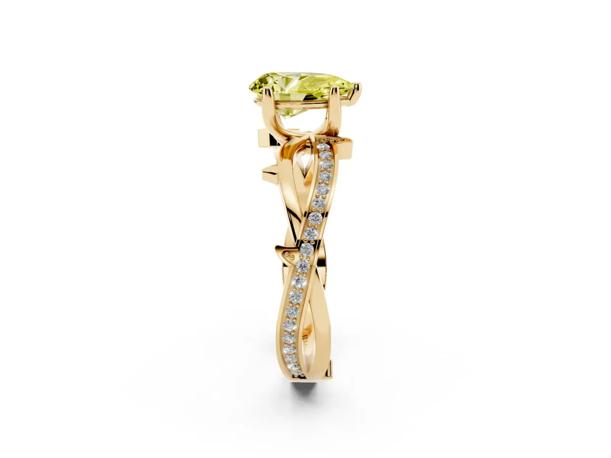 Fancy Yellow Pear Cut Solitaire Twist Band with Pavé Accents and Four-Prong Setting Yellow gold