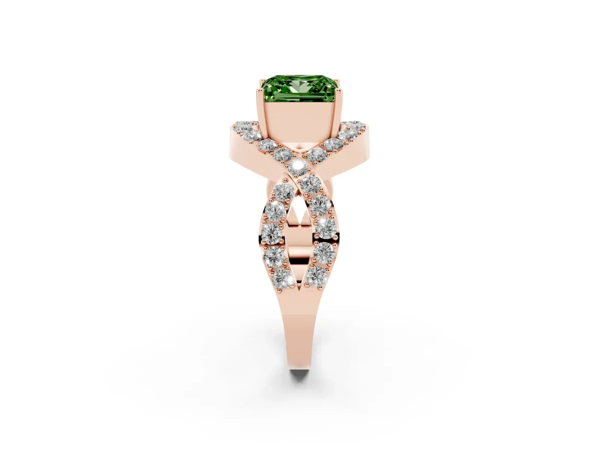 Fancy Green Princess Cut Solitaire Twist Band Pavé Diamond Engagement Ring Rose gold