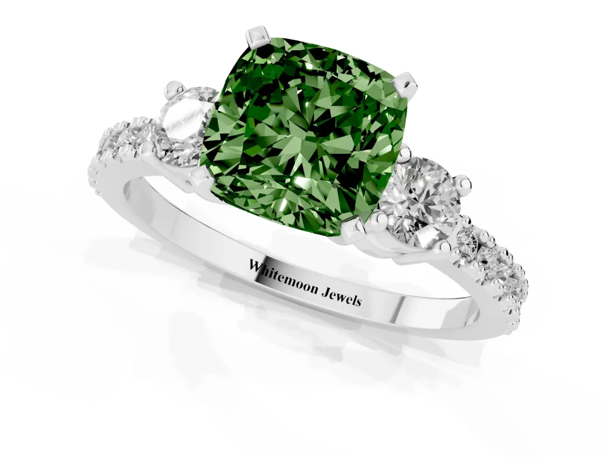 Fancy Green Cushion Cut Three-Stone Diamond Pavé Band with Prong Setting Silver