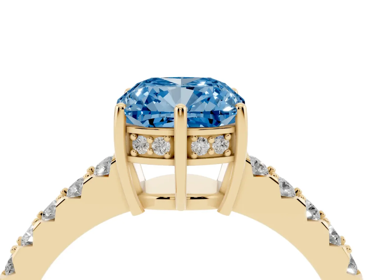 Fancy Blue Cushion Cut Solitaire Diamond Engagement Ring with Pavé Band and Six-Prong Setting Yellow gold