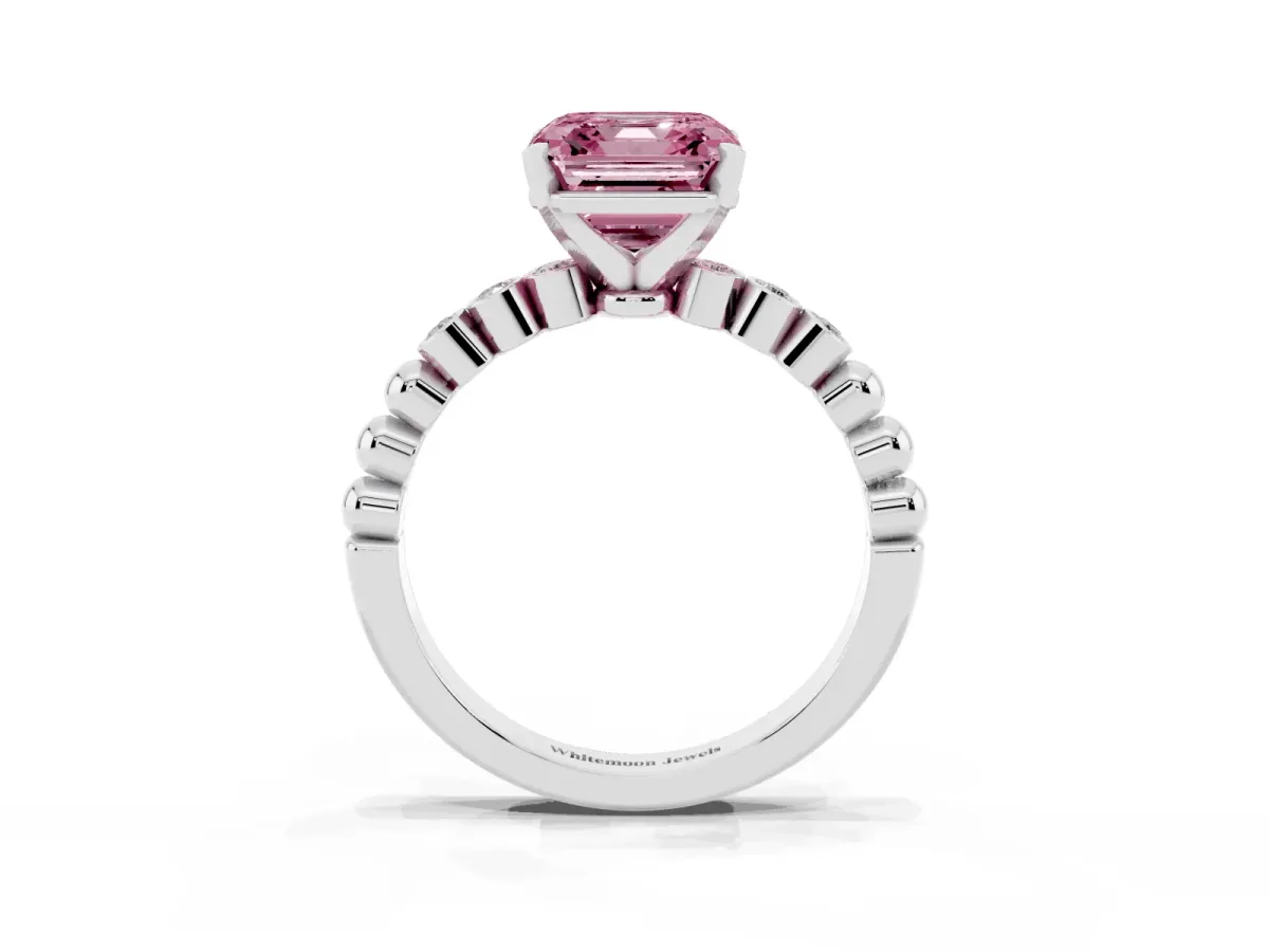 Fancy Pink Asscher Cut Solitaire Bezel Accent Diamond Engagement Ring with Beaded Band and Four-Prong Setting White gold