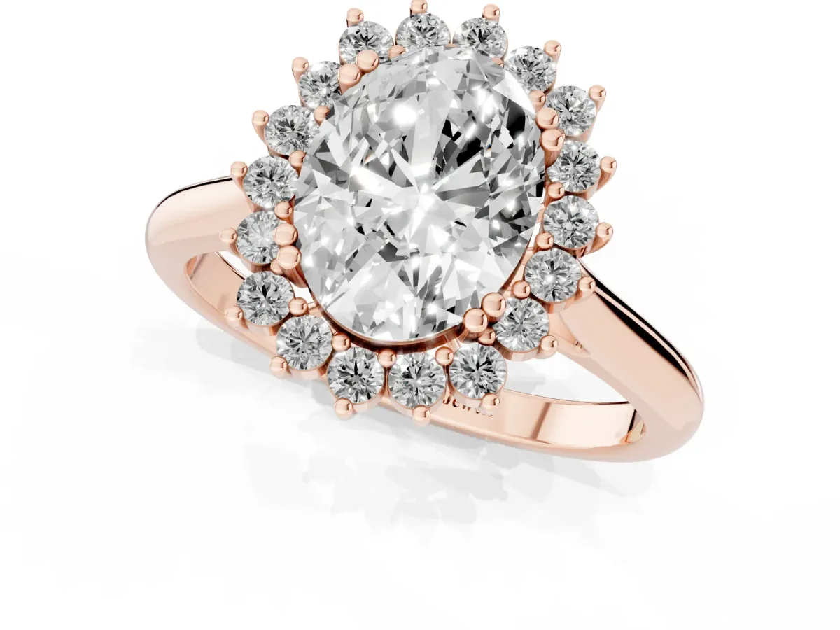 Oval Cut Cut Diamond Halo Ring with Solitaire Band and Prong Setting Rose gold