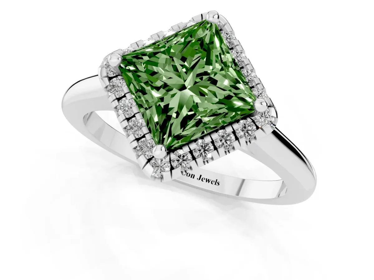 Fancy Green Princess Cut Halo Round Diamond Solitaire Engagement Ring with Pave Band and Four-Prong Setting White gold