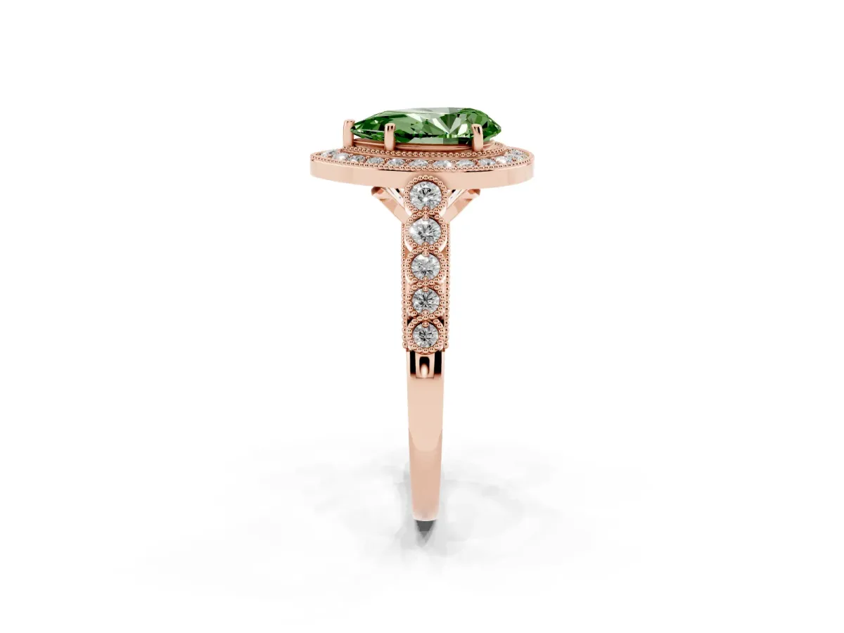Fancy Green Pear Cut Halo Twist Band Solitaire Ring with Six-Prong Setting Rose gold