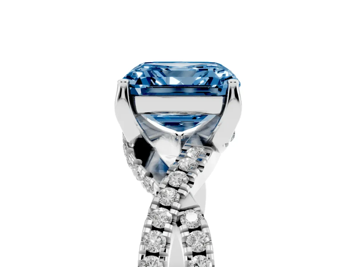 Fancy Blue Asscher Cut Solitaire Twist Pave Diamond Engagement Ring with Prong Setting Platinum