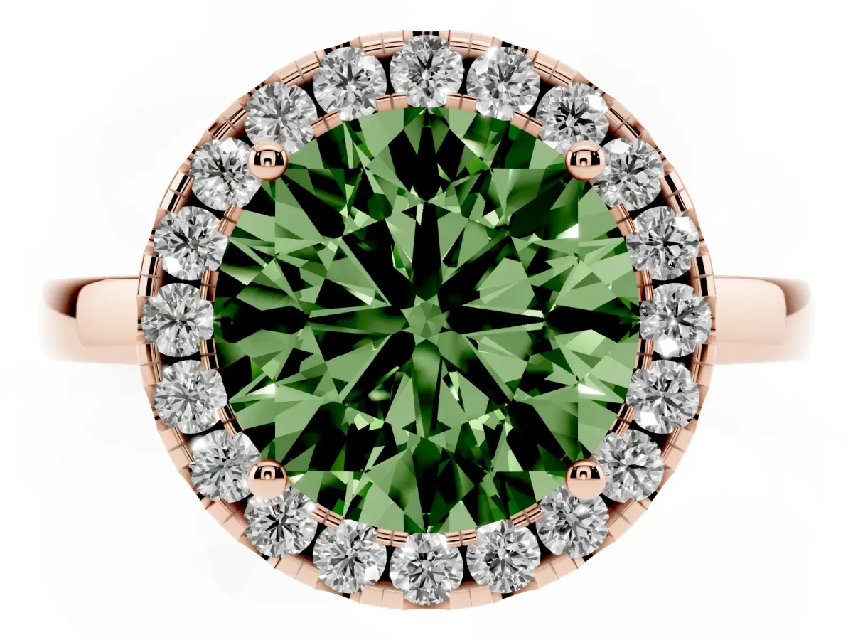 Fancy Green Round Cut Halo Diamond Solitaire with Pavé Band and Four-Prong Setting Rose gold