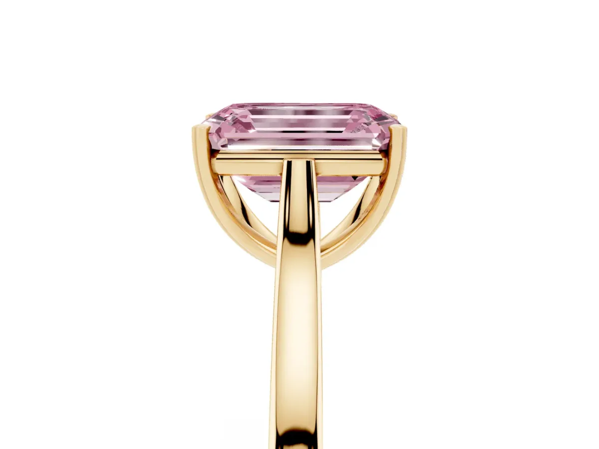 Fancy Pink Emerald Cut Solitaire Heart Prong Engagement Ring with Tapered Band Yellow gold