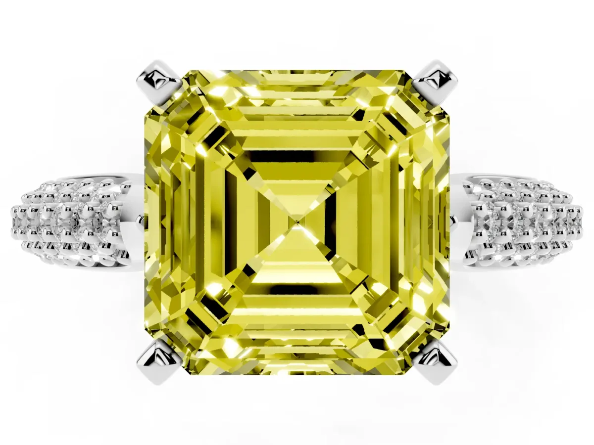Fancy Yellow Asscher Cut Diamond Solitaire Engagement Ring with Multi-Row Round Pavé Band and Prong Setting White gold