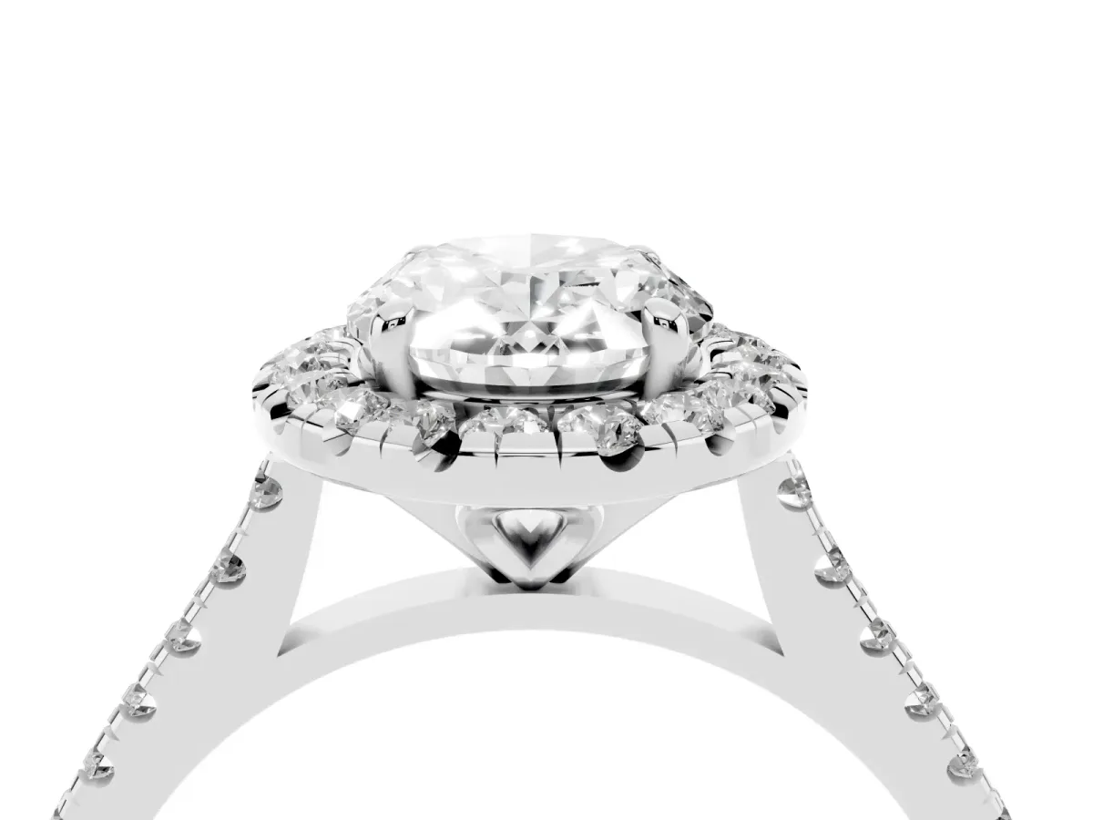 Oval Cut Diamond Cushion Halo Ring with Pavé Band Silver