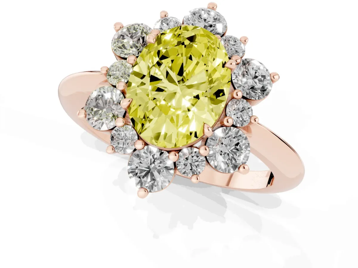 Fancy Yellow Oval Cut Diamond Cluster Halo Ring with Solitaire Band and Four-Prong Setting Rose gold