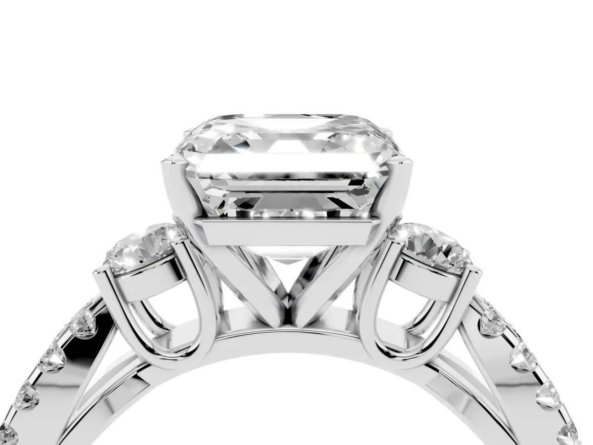 Asscher Cut Diamond Three-Stone Ring with Pavé Split Shank and Four-Prong Setting White gold