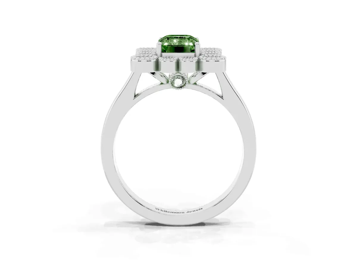 Fancy Green Emerald Cut Halo Diamond Cluster Engagement Ring with Milgrain Bezel Setting and Solitaire Band Platinum