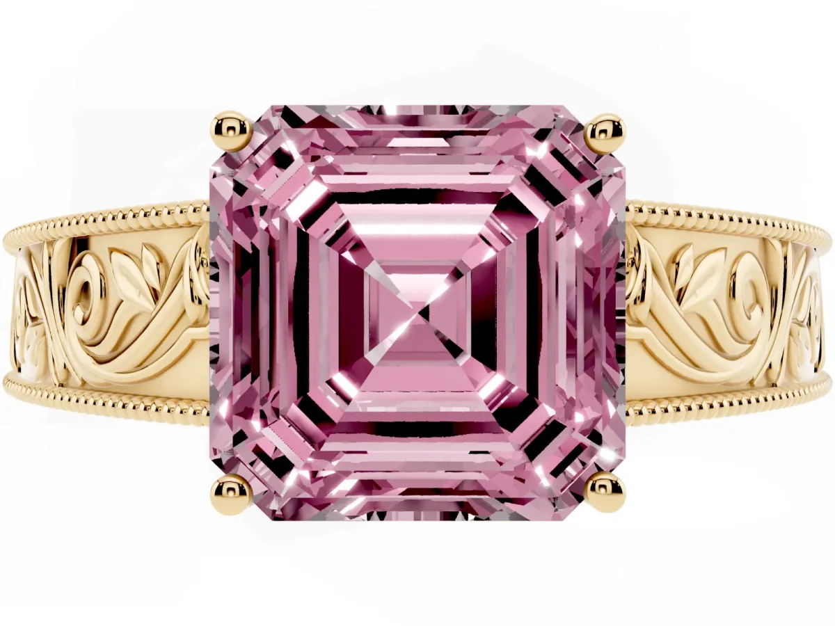 Fancy Pink Asscher Cut Diamond Solitaire Ring with Engraved Band and Four-Prong Setting Yellow gold