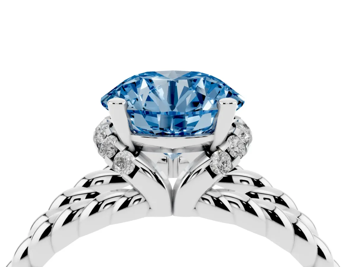 Fancy Blue Round Cut Halo Twisted Band Four-Prong Ring Platinum