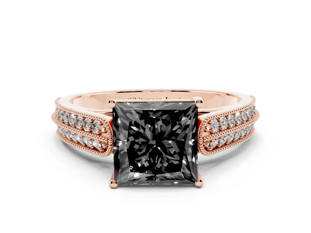 Fancy Black Princess Cut Cut Pave Split Shank Engagement Ring with Four-Prong Setting Rose gold