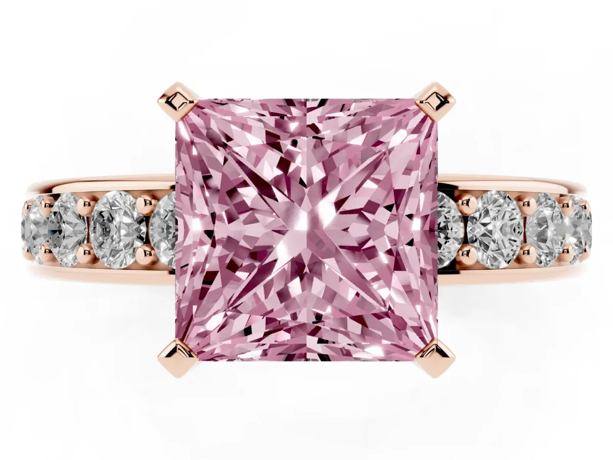 Fancy Pink Princess Cut Diamond Engagement Ring with Channel Set Round Band and Prong Setting Rose gold